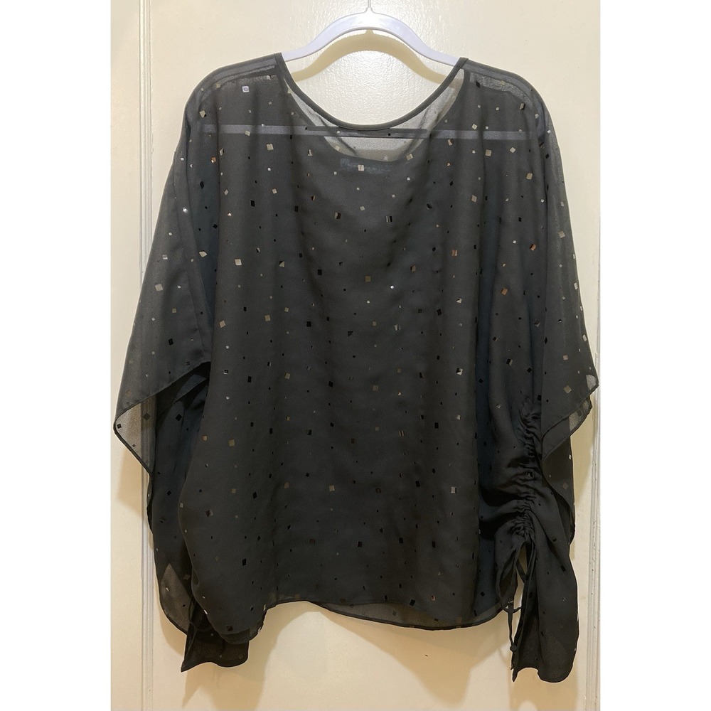 Susan Graver Womens Batwing Dark Square Sequin Sheer 1X Top‎ Black Fairy Grunge
